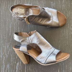 Miz Mooz Metallic Pewter Leather Heeled Sandals Open Toe Shoes Slingback Size 38
